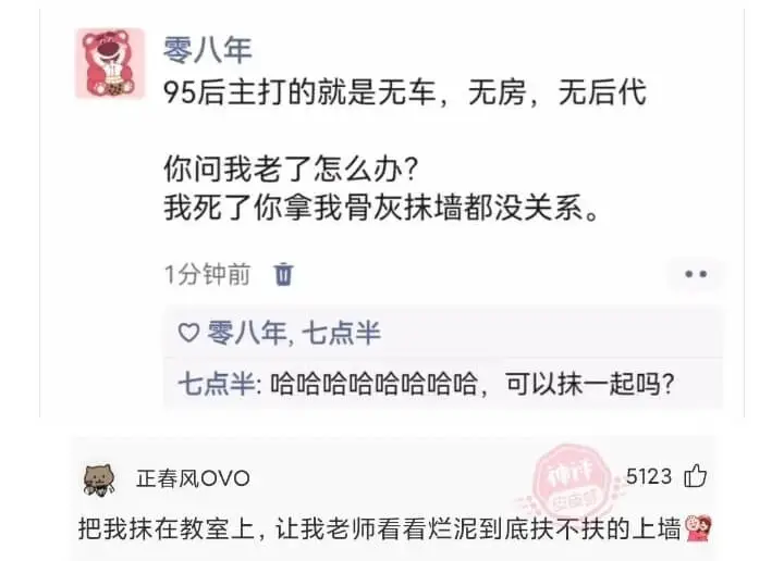 零八年95后主打的就是无车，无房，无后代你问我老了怎么办?我