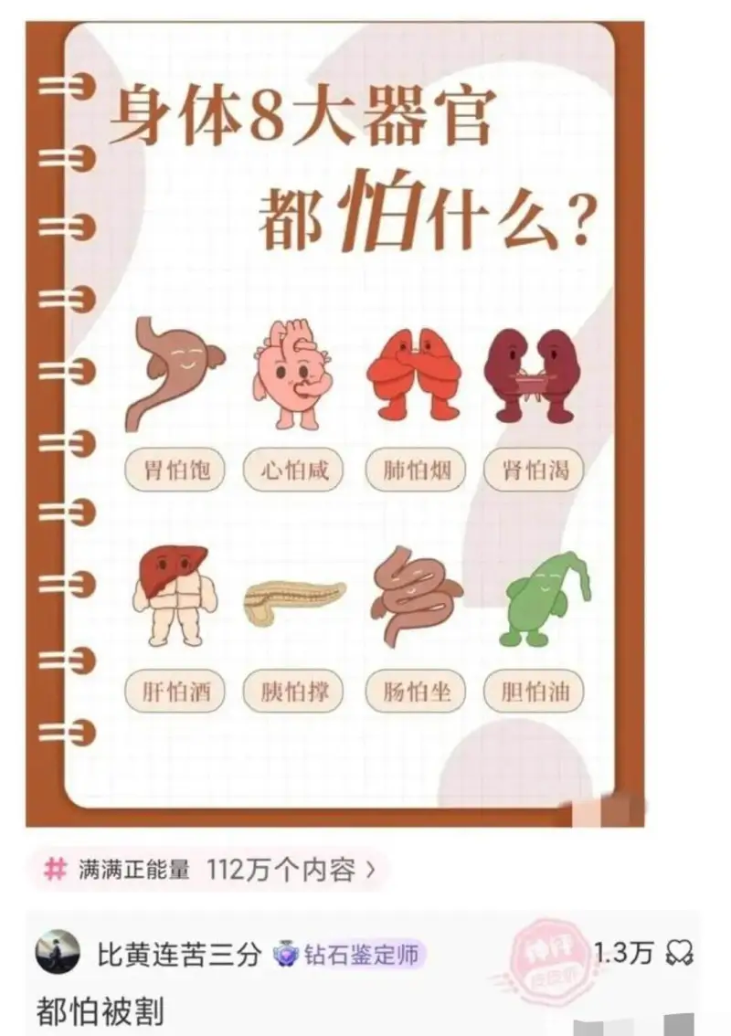 身体8大器官怕什么？都胃怕饱心怕威肺怕烟肾怕渴肝怕酒胰怕撑肠