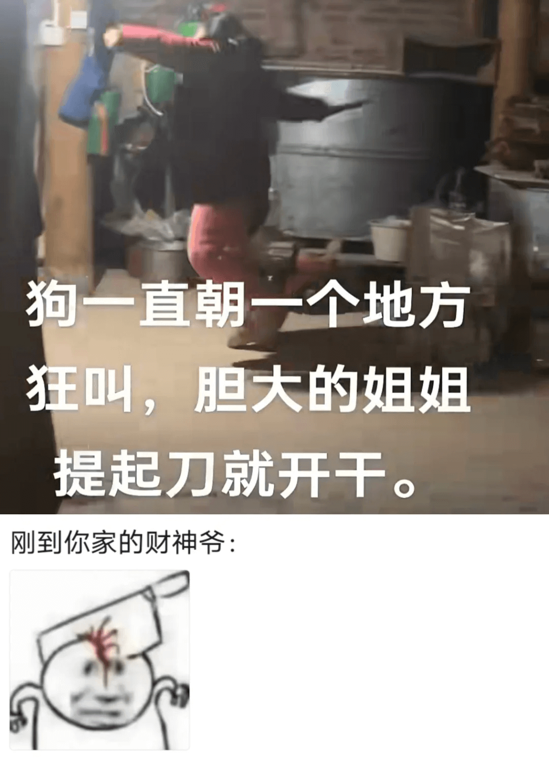 狗一直朝一个地方狂叫，胆大的姐姐提起力刀就开干，刚到你家的财