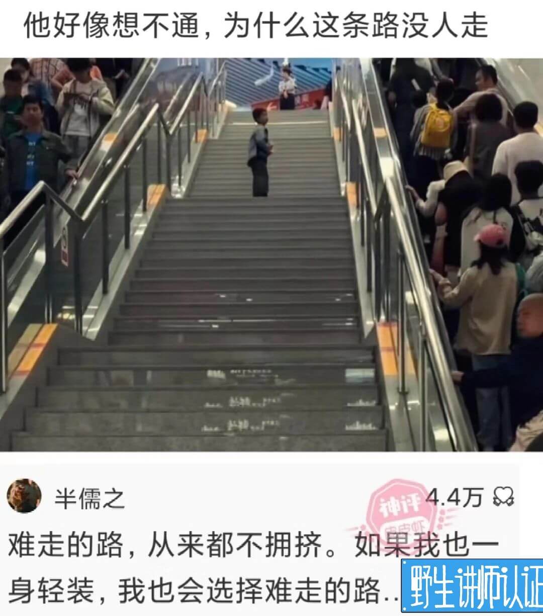 他好像想不通，为什么这条路没人走半儒之难走的路，从来都不拥挤