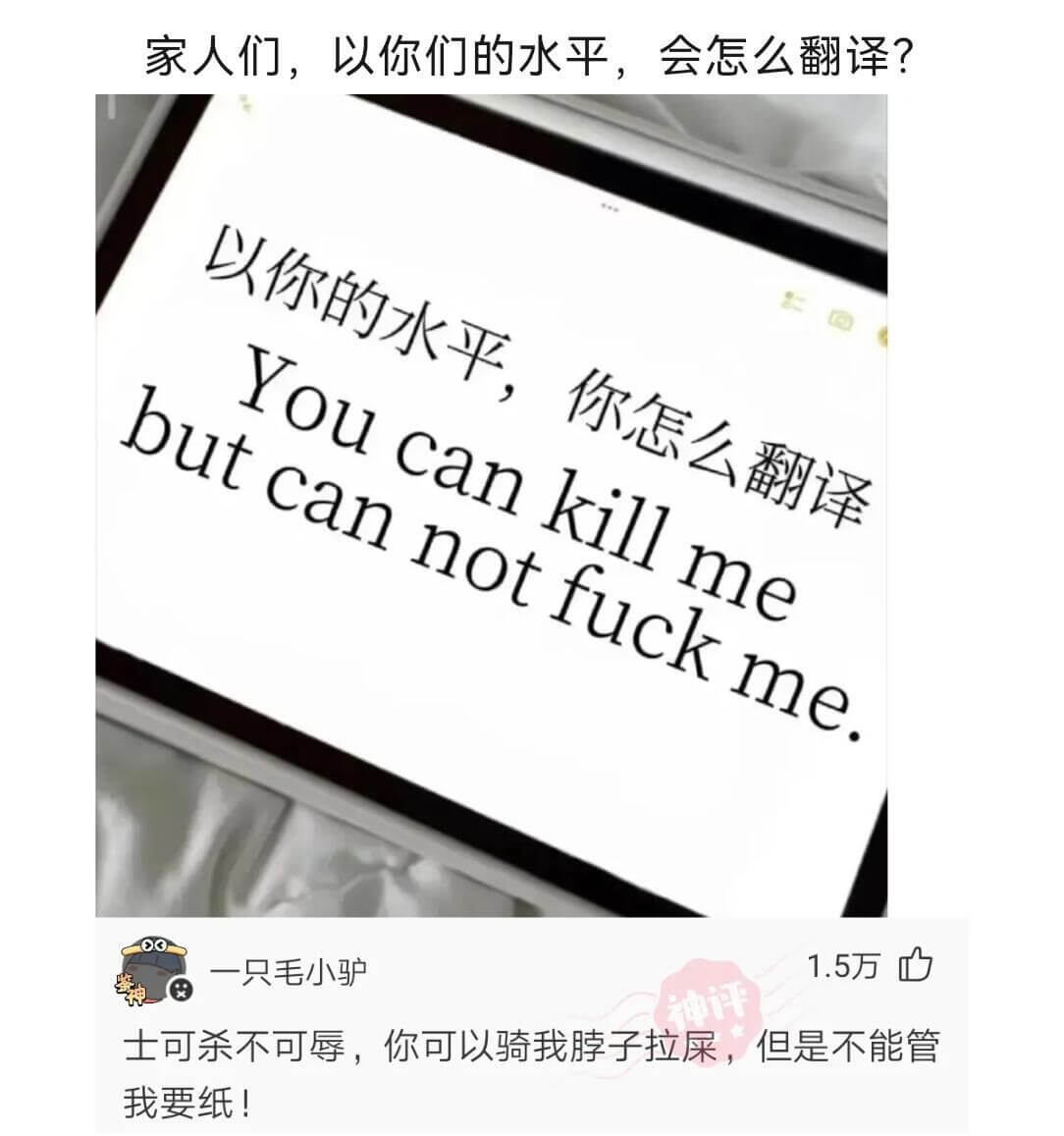 家人们，以你们的水平，会怎么翻译？一只毛小驴1.5万士可杀不