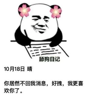 舔狗日记10月18日晴你居然不回我消息，好拽，我更喜欢你了。