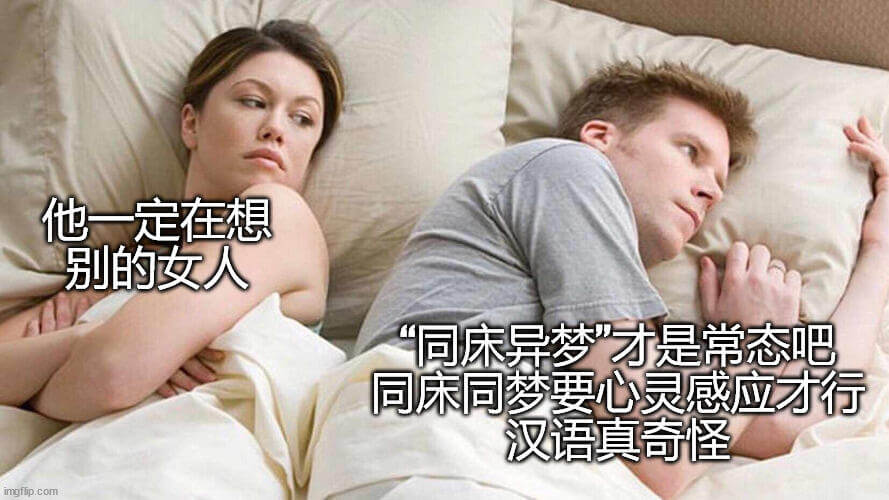 他一定在想别的女人。同床异梦才是常态吧，同床同梦要心灵感应才
