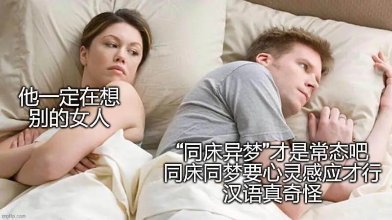 他一定在想别的女人。同床异梦才是常态吧，同床同梦要心灵感应才