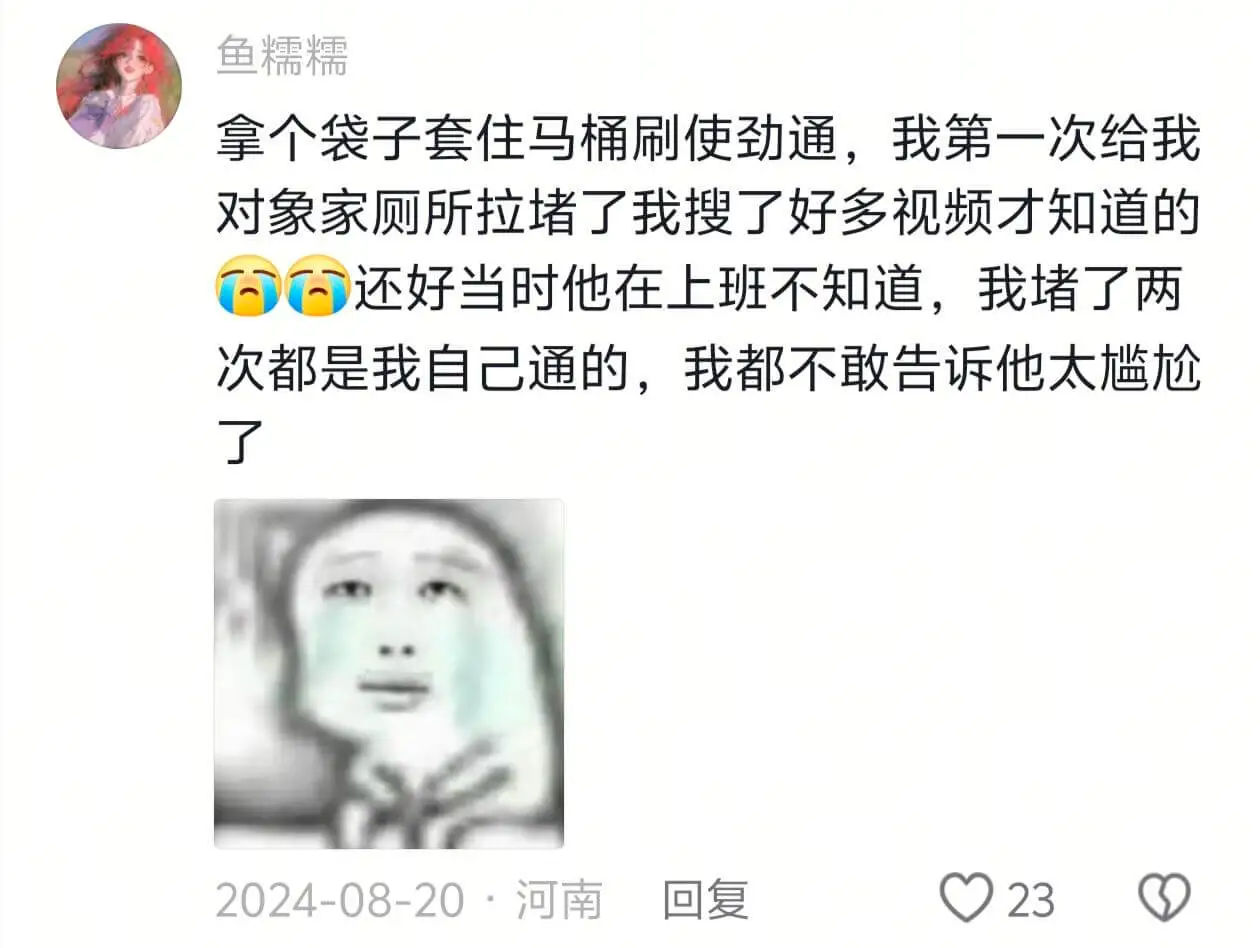 鱼糯糯拿个袋子套住马桶刷使劲通，我第一次给我对象家厕所拉堵了
