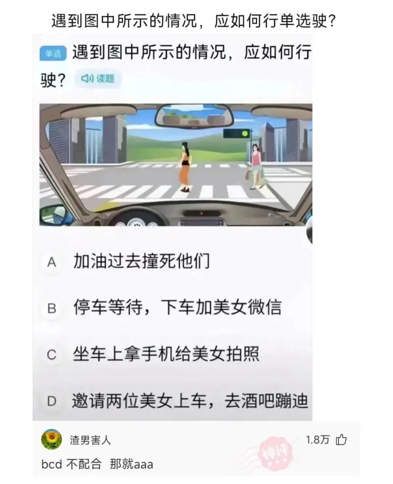 遇到图中所示的情况，应如何行驶?A.加油过去撞死他们B.停车