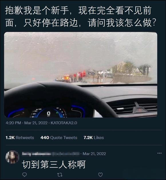 抱款我是个新手，现在完全看不见前面，只好停在路边，请问我该怎