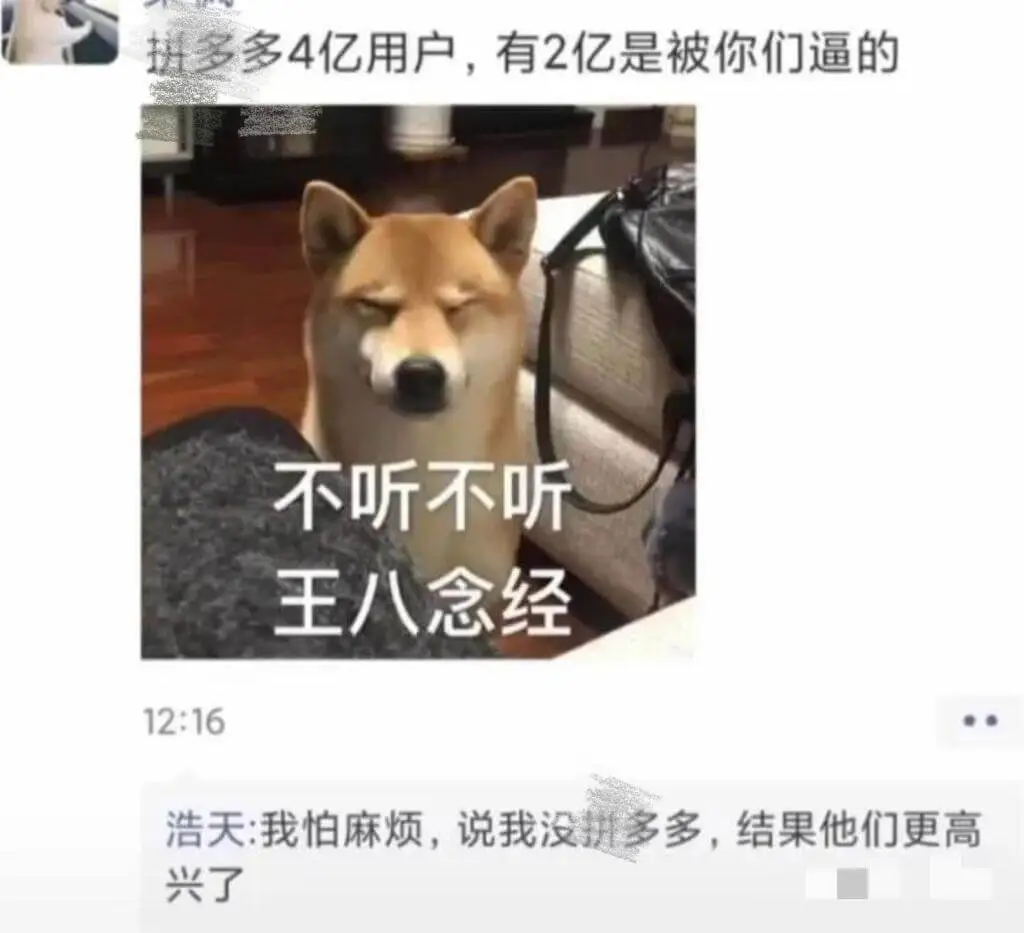 拼多多4亿用户，有2亿是被你们逼的。不听不听，王八念经。12