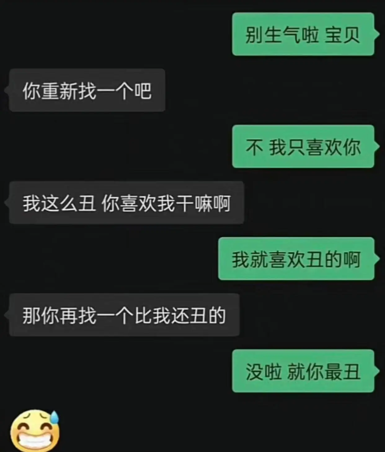 别生气啦宝贝，你重新找一个吧。不，我只喜欢你。我这么丑，你喜