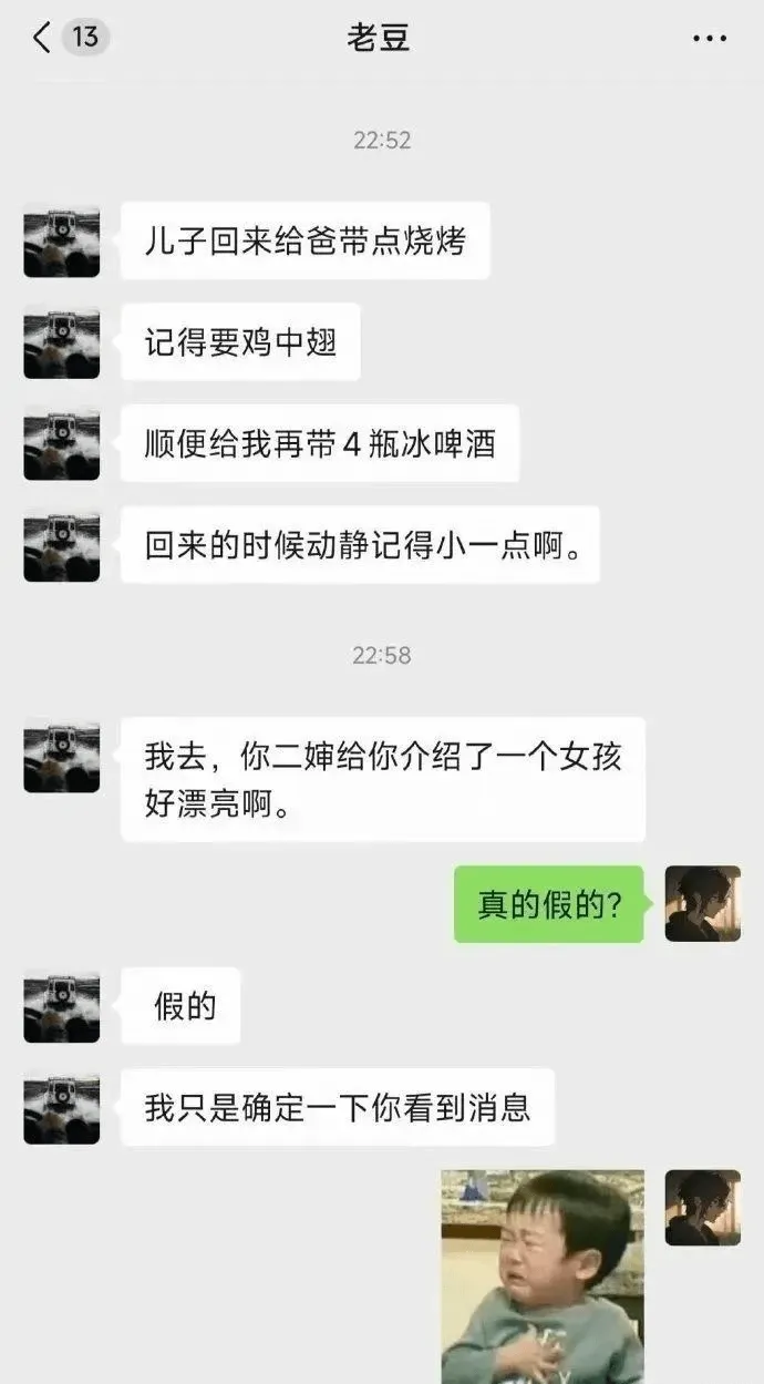 <13老豆2252儿子回来给爸带点烧烤，记得要鸡中翅。顺便给