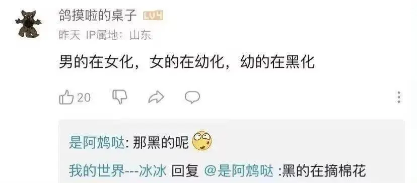 鸽摸啦的桌子L4昨天P属地：山东男的在女化，女的在幼化，幼的