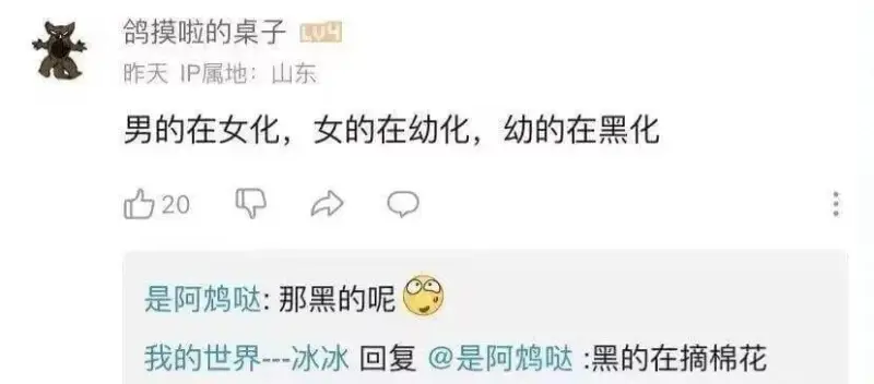 鸽摸啦的桌子L4昨天P属地：山东男的在女化，女的在幼化，幼的