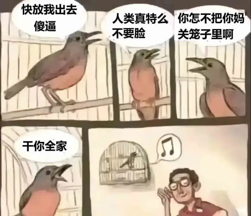 快放我出去，人类真特么！你怎不把你妈？傻逼，不要脸，关笼子里