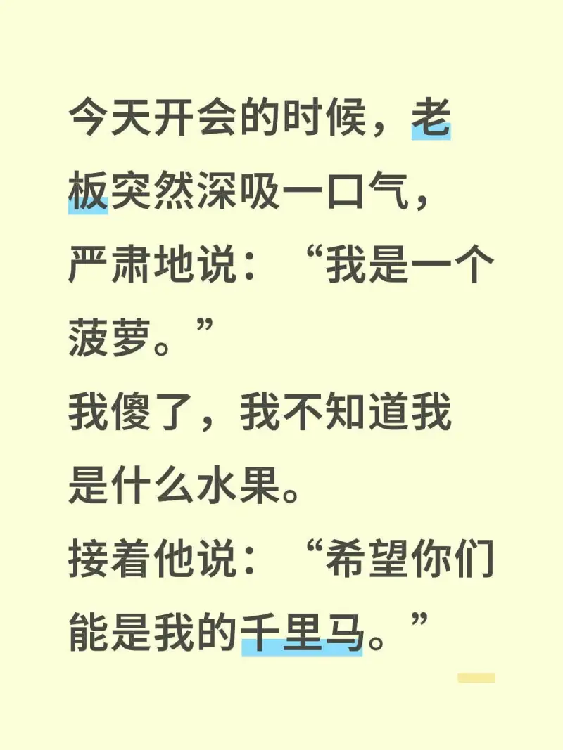 今天开会的时候，老板突然深吸一口气，严肃地说：“我是一个菠萝