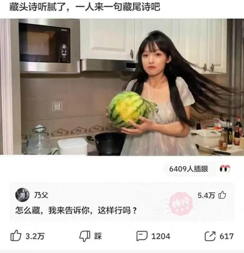 藏头诗听腻了，一人来一句藏尾诗吧6409人插眼乃父5.4万怎