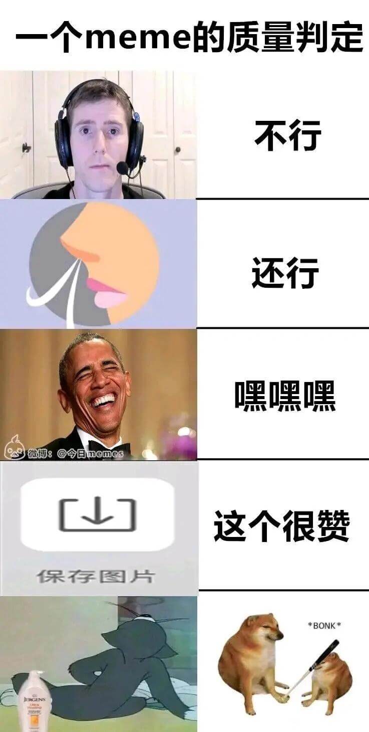 一个meme的质量判定：不行还行嘿嘿嘿这个很赞保存图片*BO