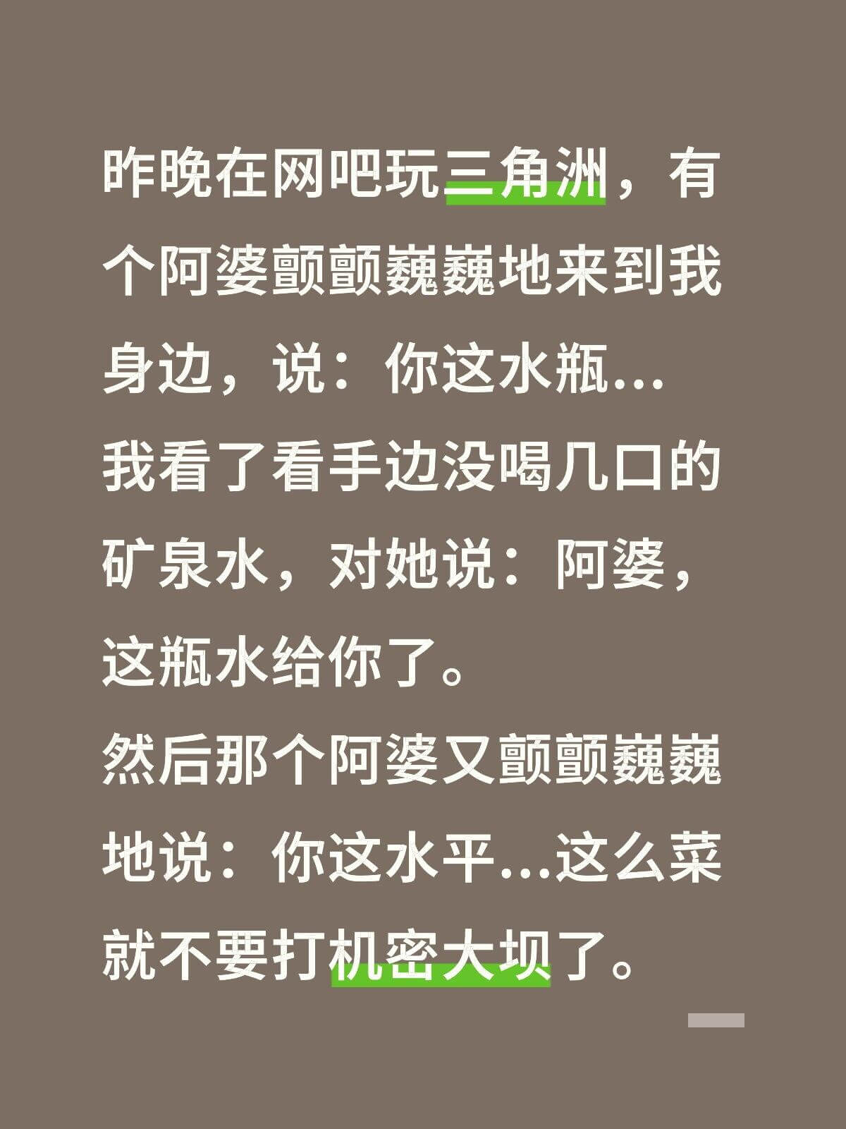 昨晚在网吧玩三角洲，有个阿婆颤巍巍地来到我身边，说：你这水平
