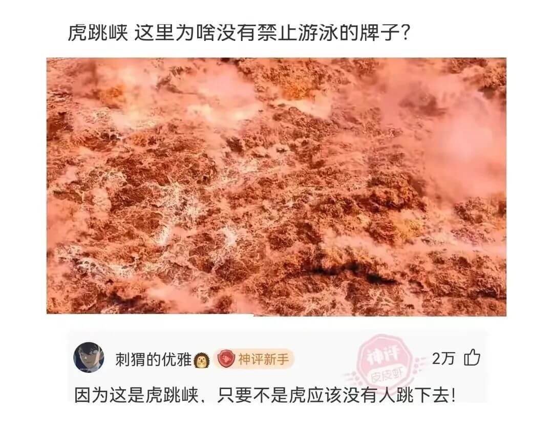 虎跳峡这里为啥没有禁止游泳的牌子?神评新手2万因为这是虎跳峡