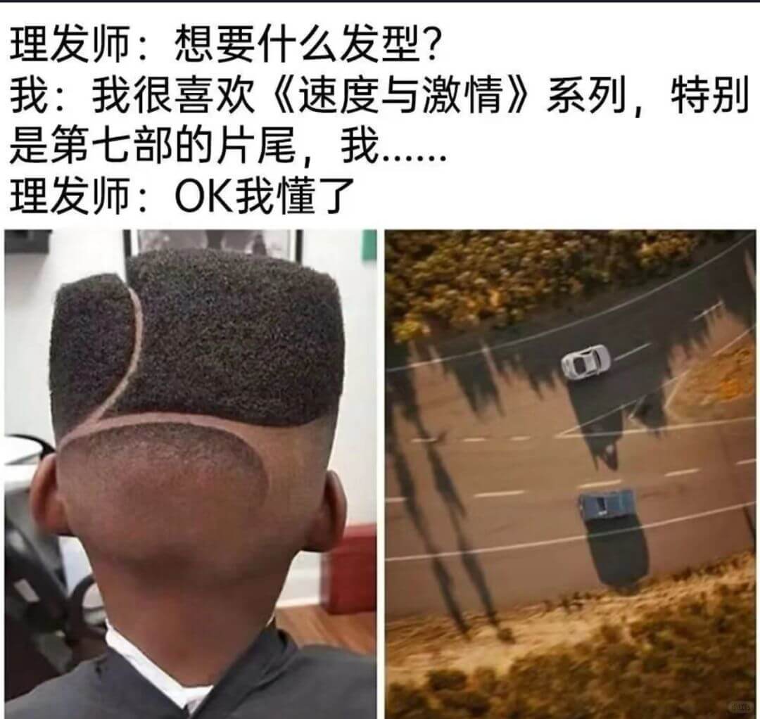 理发师:想要什么发型?我:我很喜欢《速度与激情》系列,特别是