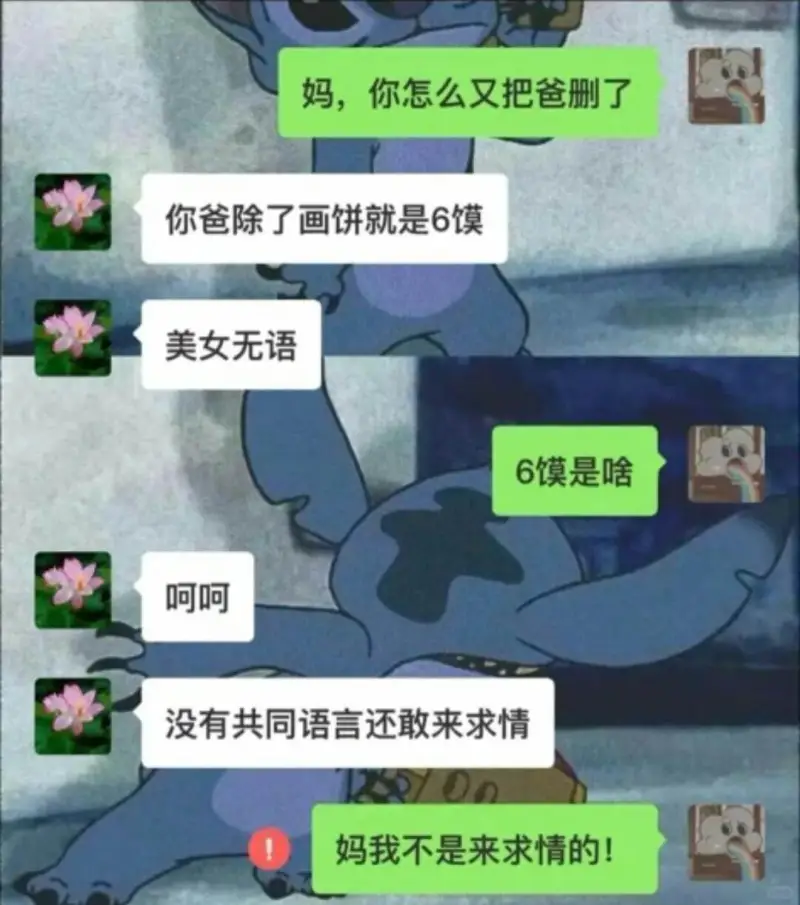 妈，你怎么又把爸删了你爸除了画饼就是画饼呵呵没有共同语言还敢