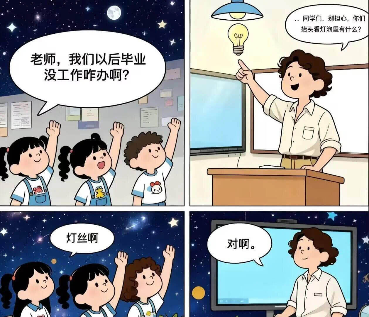 同学们，别担心，你们抬头看灯泡里有什么？老师，我们以后毕业没