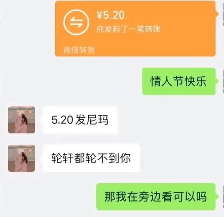 ￥5.20你发起了一笔转账微信转账情人节快乐5.20发尼玛轮