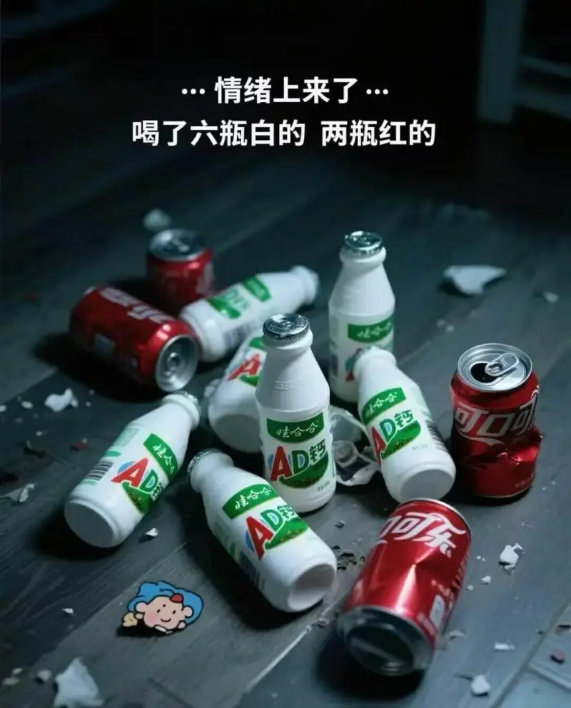 情绪上来了，喝了六瓶白的、两瓶红的，DAD钙、哇哈哈、AD钙