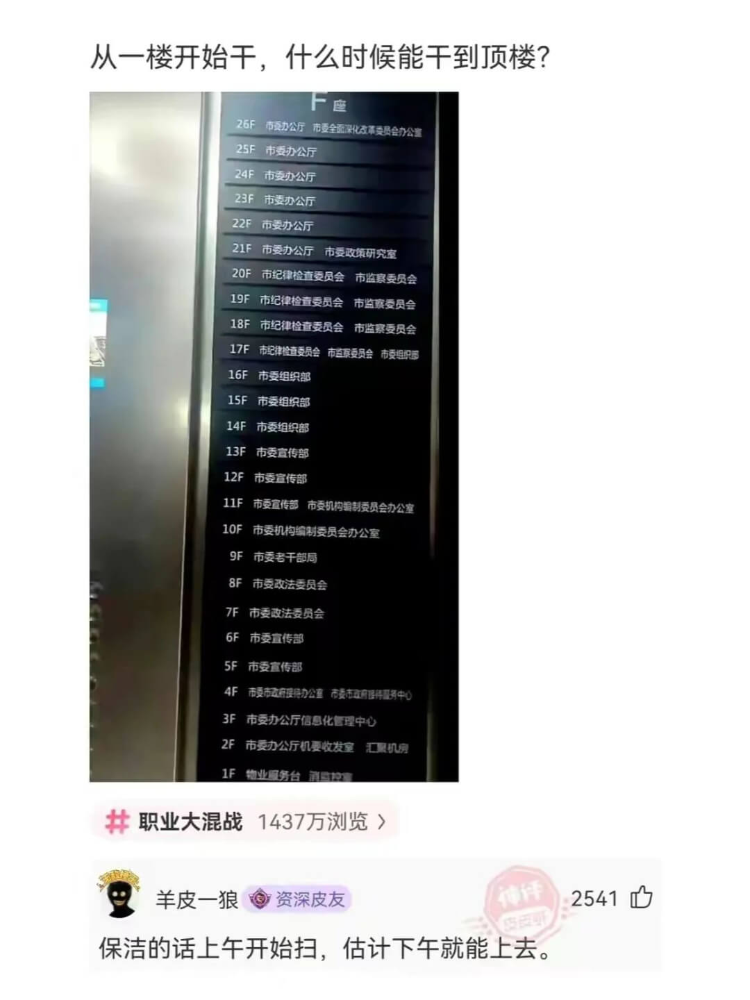 从一楼开始干，什么时候能干到顶楼?F座26F市委办公厅市委全