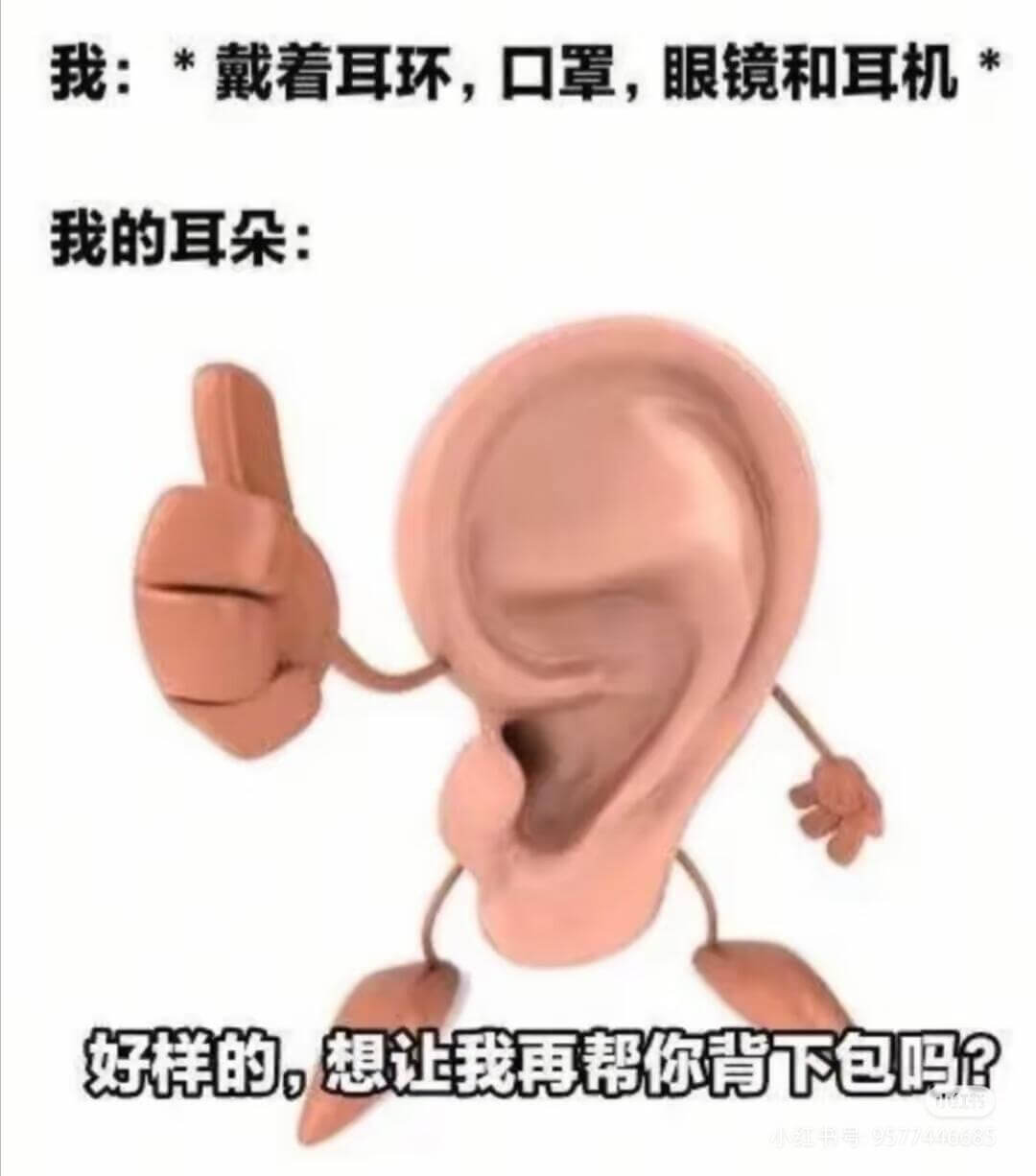 我：*戴着耳环，口罩，眼镜和耳机我的耳朵：好样的，想让我再帮