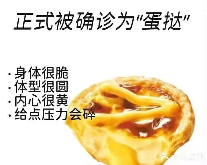 正式被确诊为“蛋挞”：•身体很脆•体型很圆•内心很黄•给点压