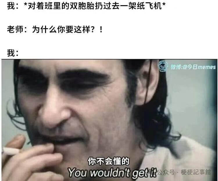 我：*对着班里的双胞胎扔过去一架纸飞机*老师：为什么你要这样