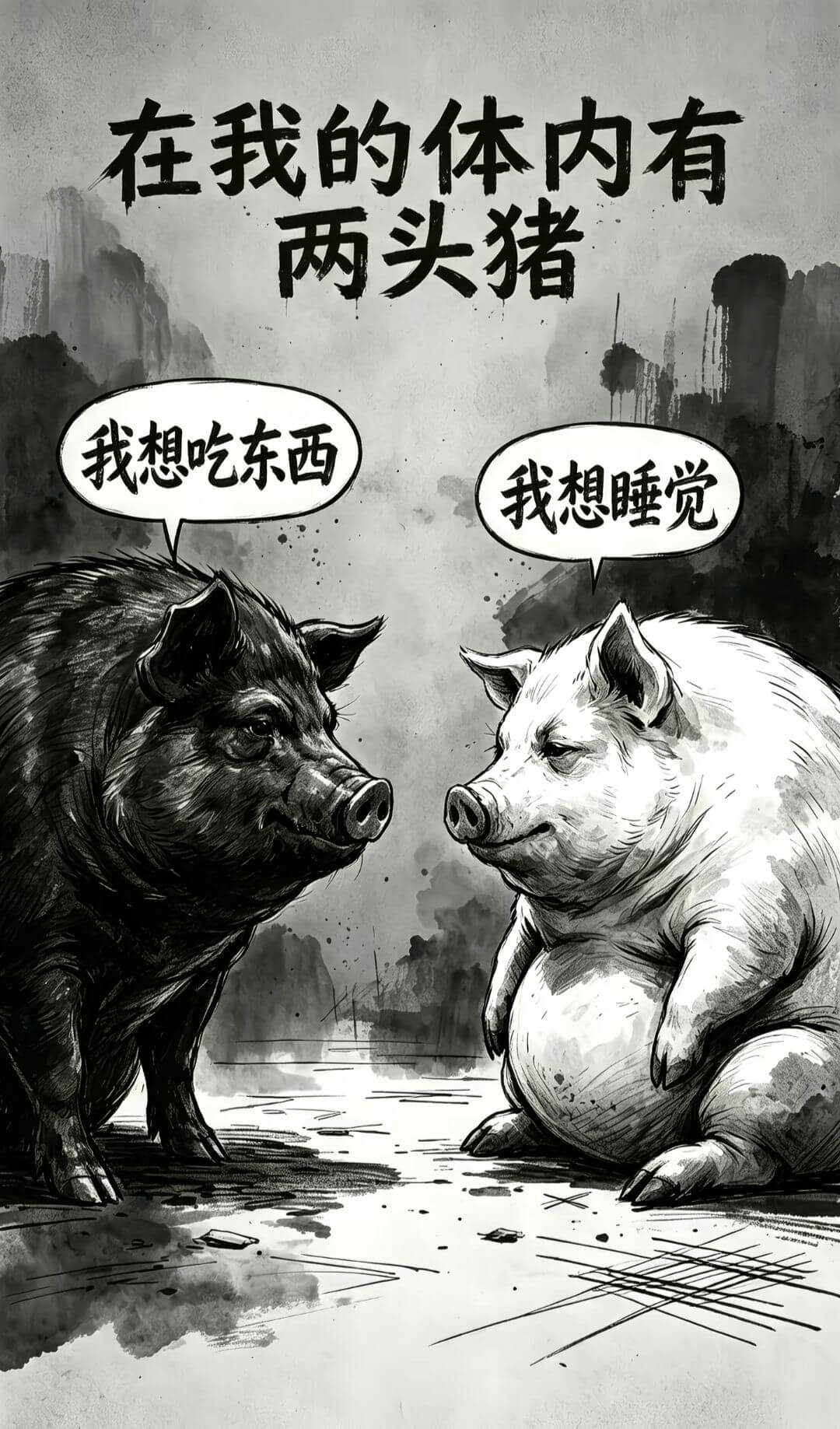 在我的体内有两头猪。我想吃东西。我想睡觉。