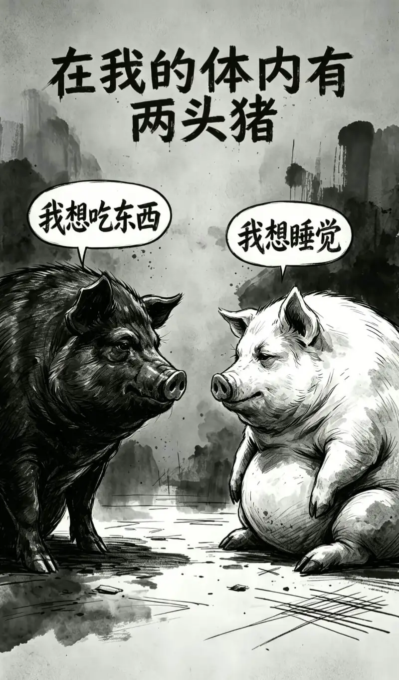 在我的体内有两头猪。我想吃东西。我想睡觉。