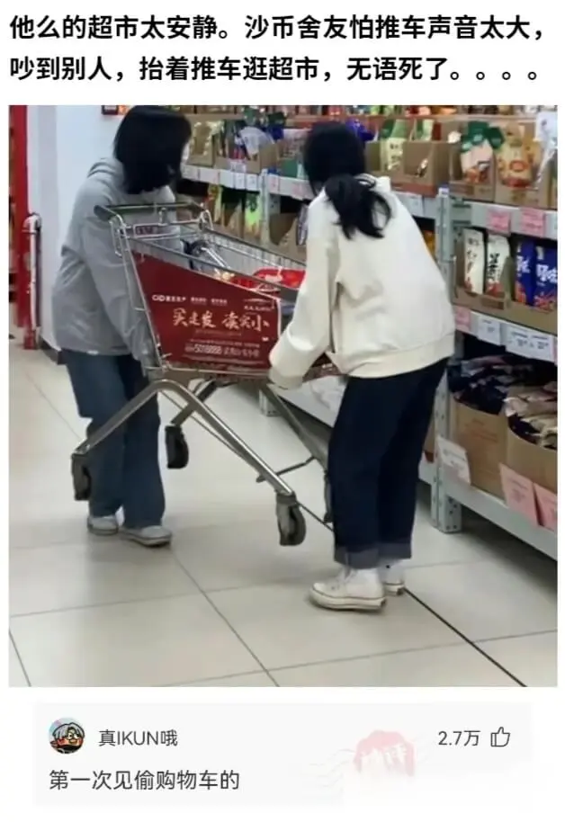 他么的超市太安静。沙币舍友怕推车声音太大，吵到别人，抬着推车