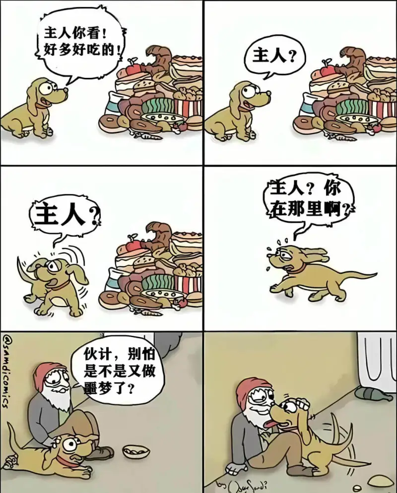主人你看!好多好吃的!主人?主人?你在那里啊?主人?@sam