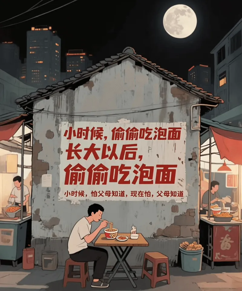小时候，偷偷吃泡面长大以后，偷偷吃泡面小时候，怕父母知道，现