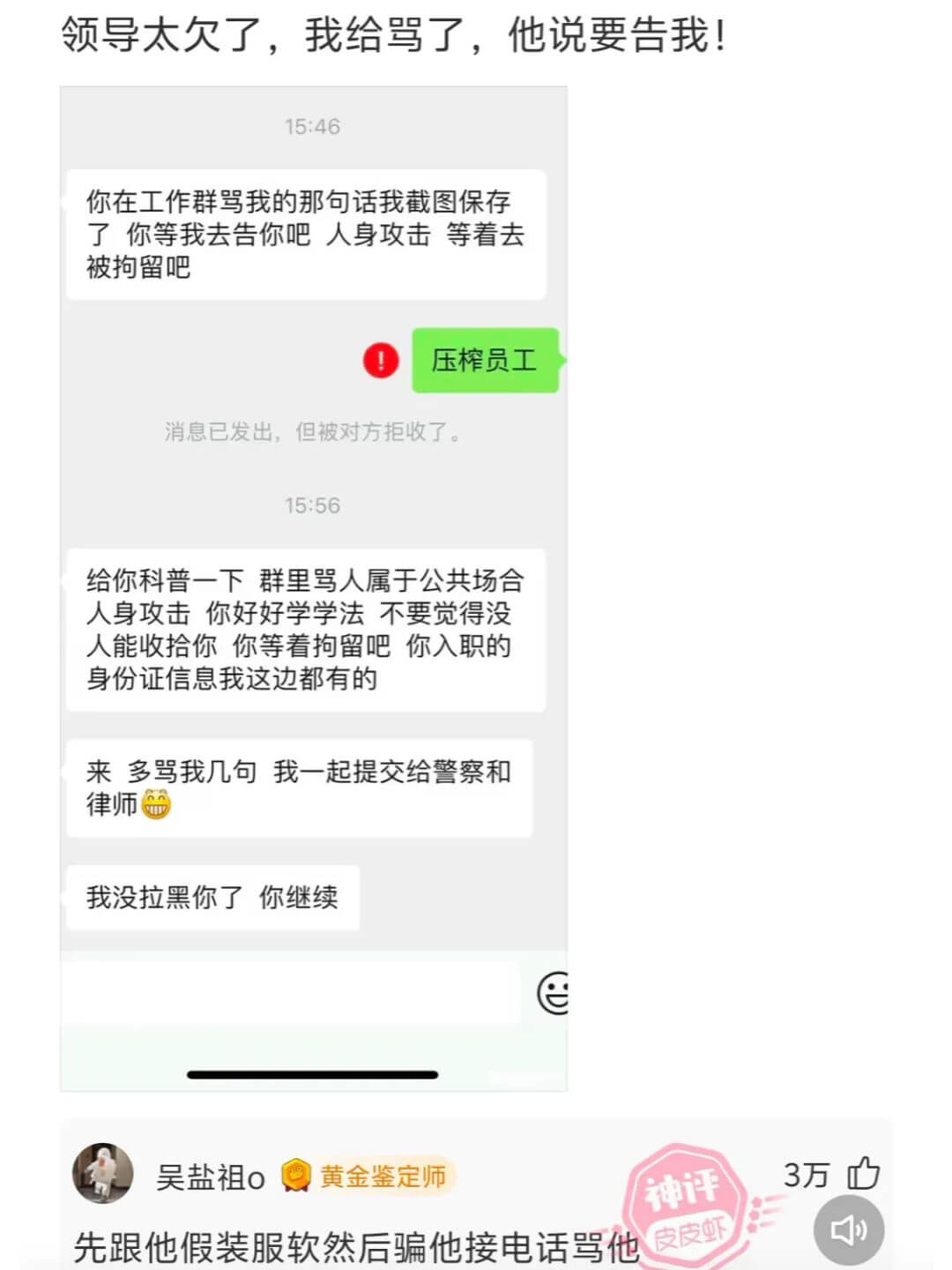 领导太欠了，我给骂了，他说要告我！15:46你在工作群骂我的