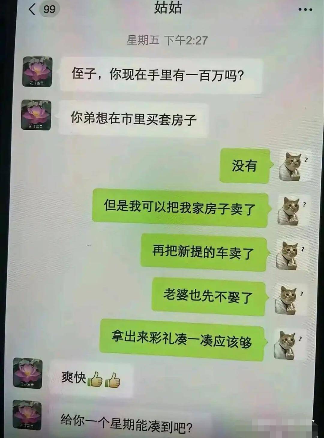 星期五下午2:27侄子，你现在手里有一百万吗？你弟想在市里买