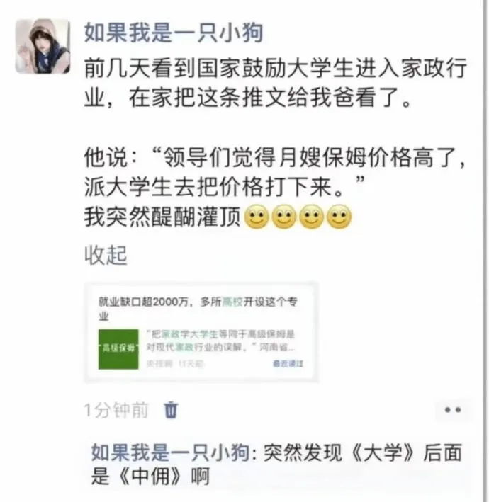 如果我是一只小狗前几天看到国家鼓励大学生进入家政行业，在家把