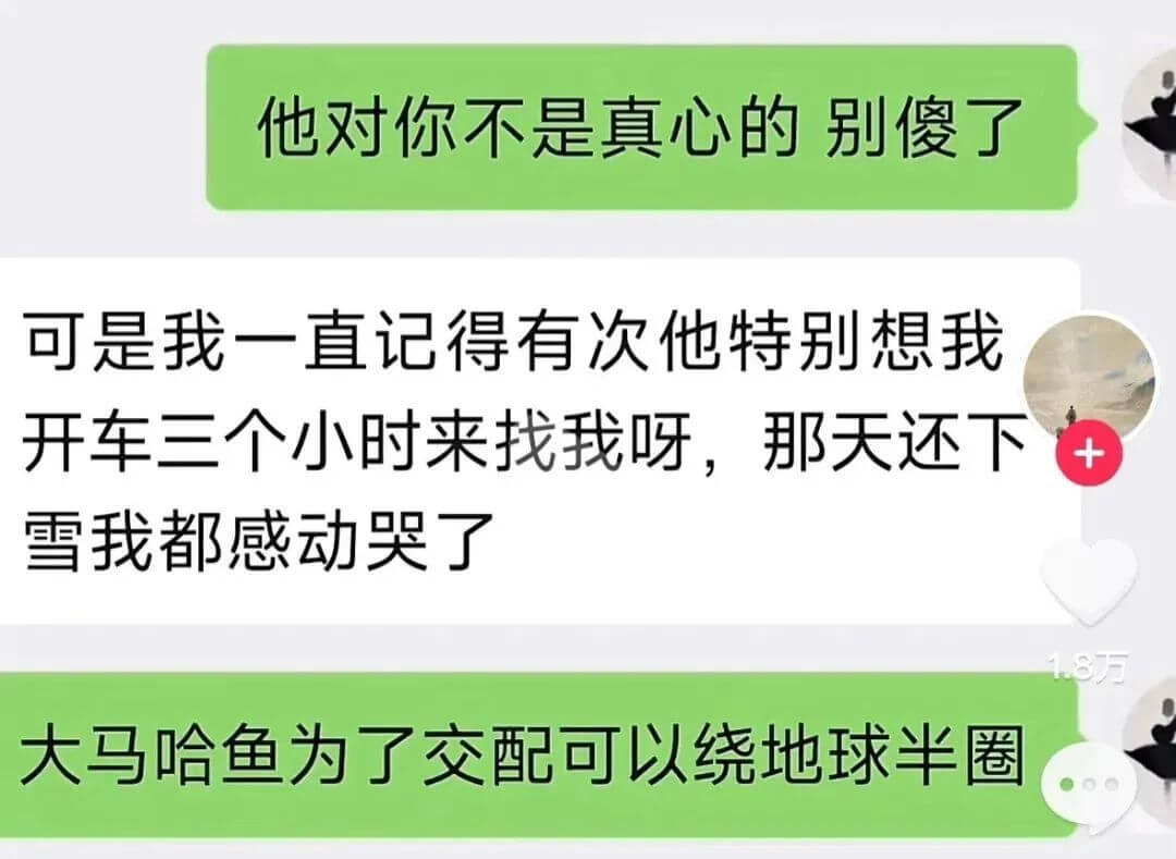 他对你不是真心的，别傻了。可是我一直记得，有次他特别想我，开