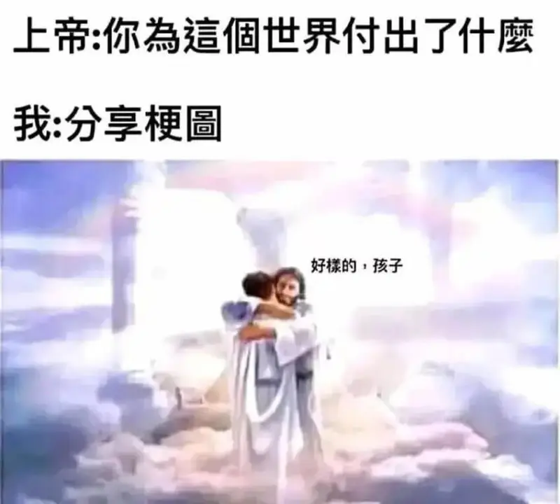 上帝：你為這個世界付出了什麼？我：分享梗圖。好棣的孩子。