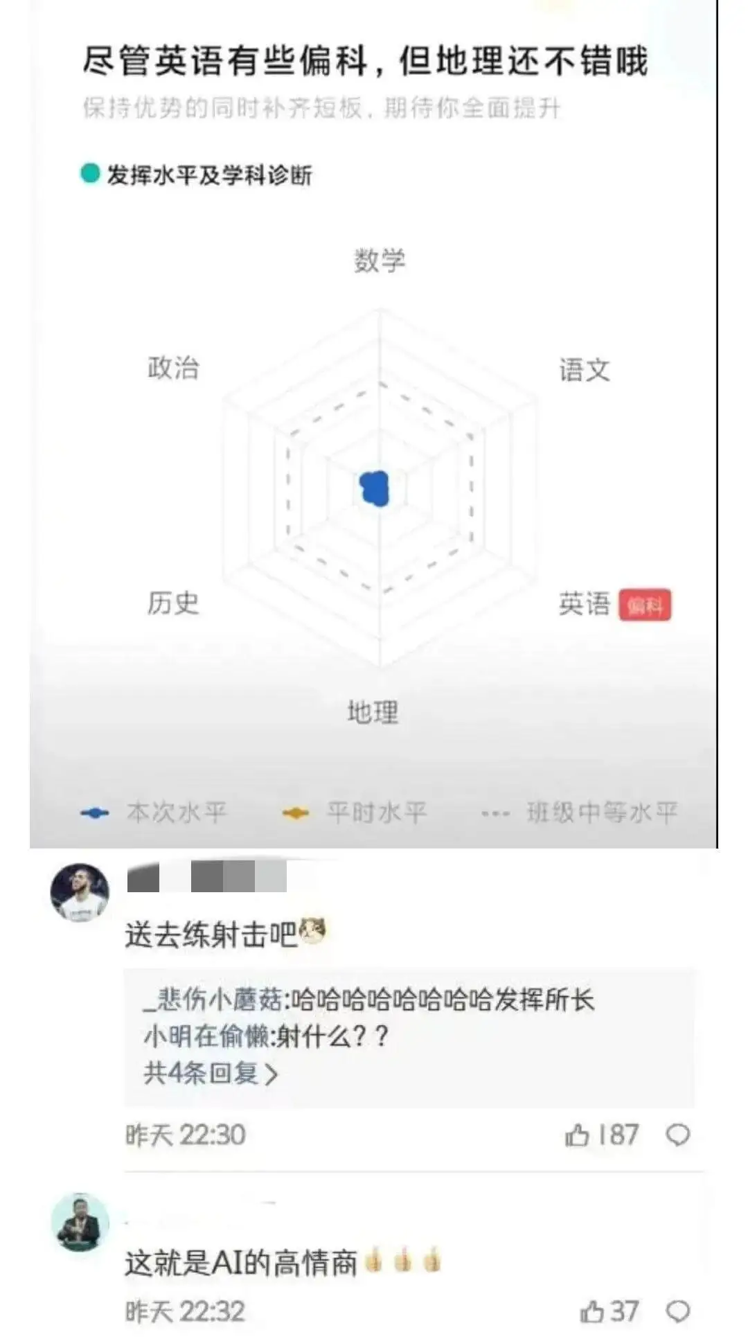尽管英语有些偏科,但地理还不错哦保持优势的同时补齐短板,期待