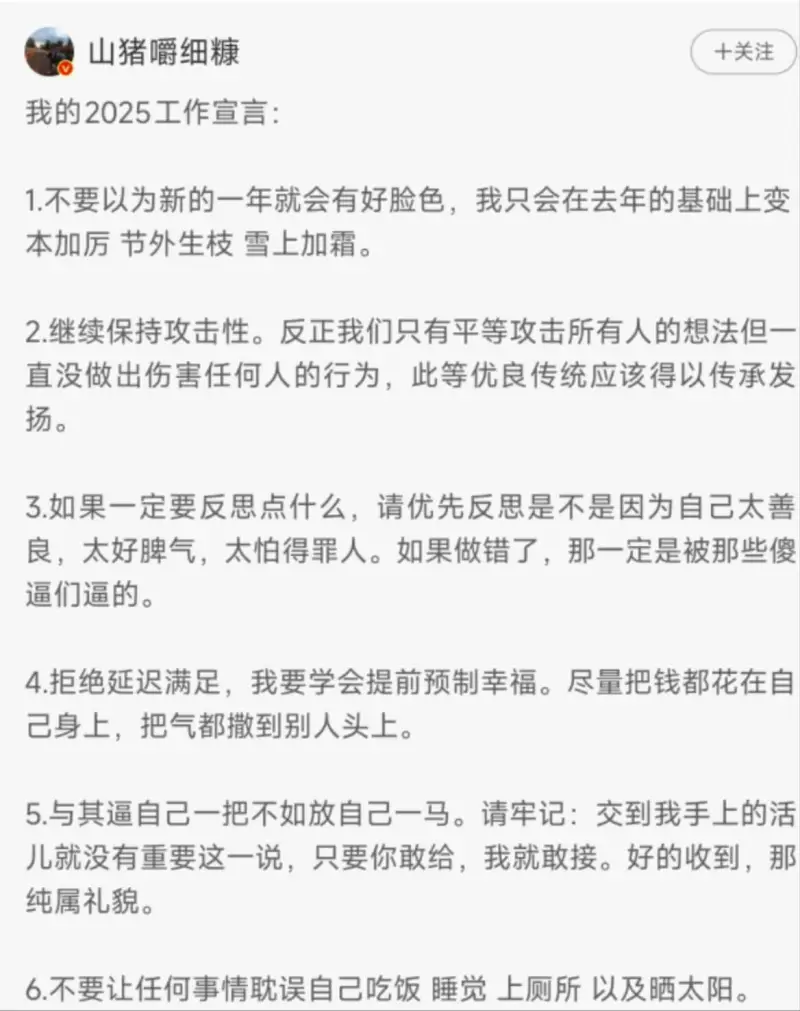 山猪嚼细糠我的2025工作宣言:+关注1.不要以为新的一年就