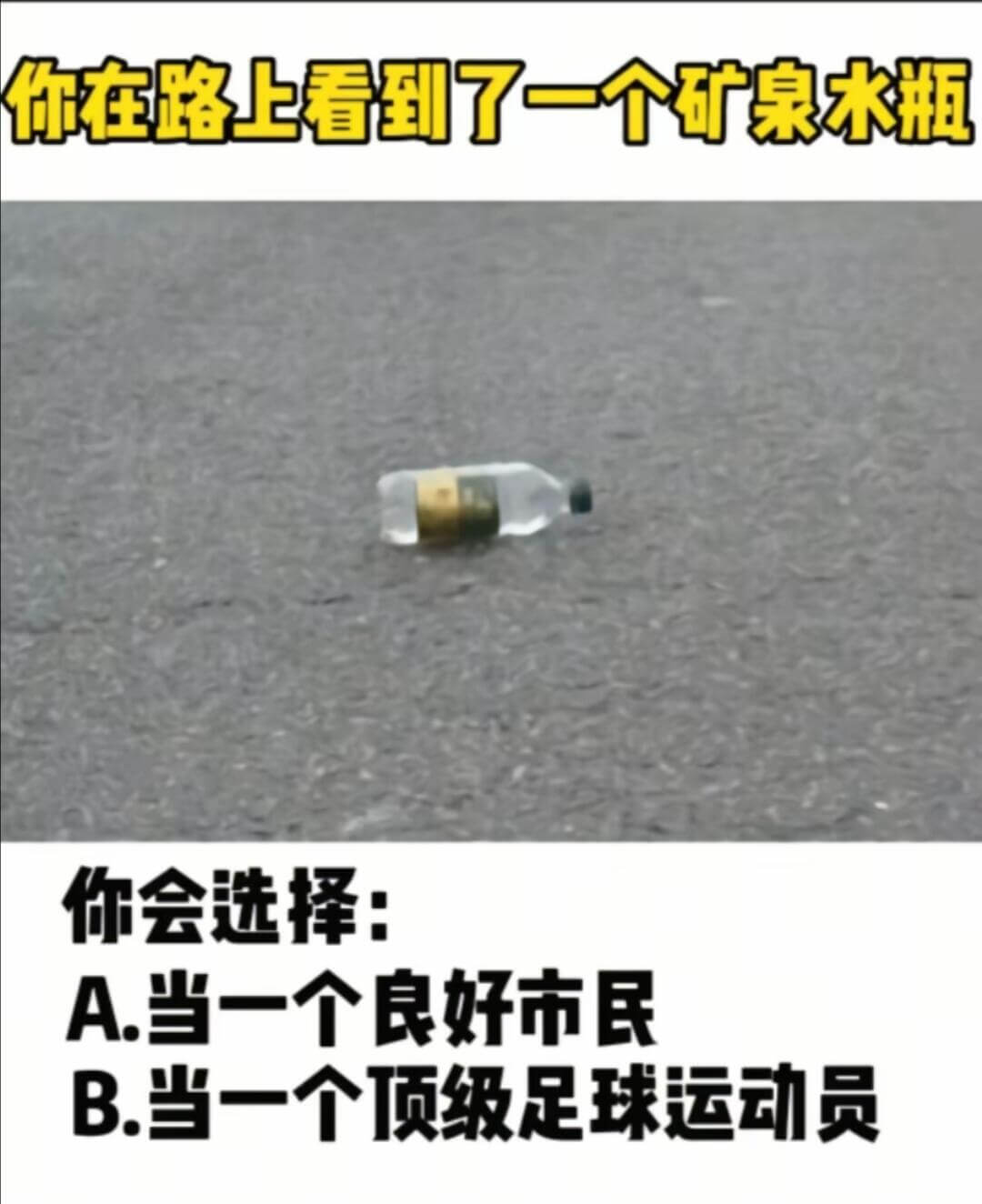 你在路上看到一个矿泉水瓶你会选择：A.当一个良好市民B.当一