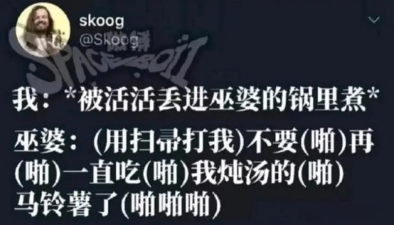 skoog@skoog我：*被活活丢进巫婆的锅里煮*巫婆：（