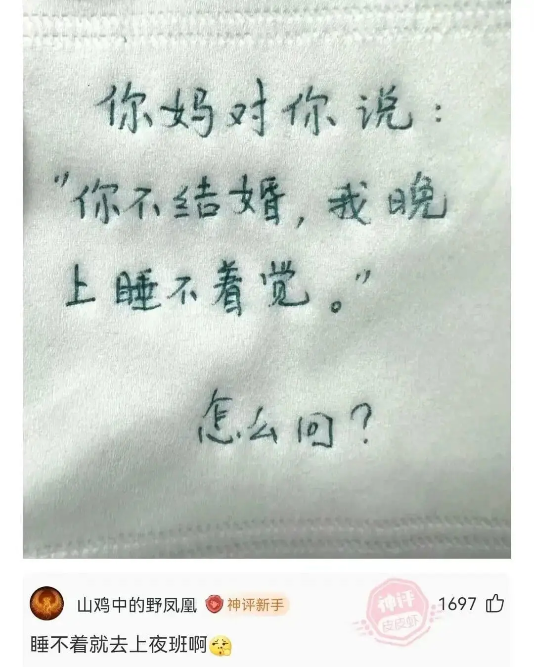 你妈对你说:你不结婚，我晚上睡不着觉。怎么回?山鸡中的野凤凰