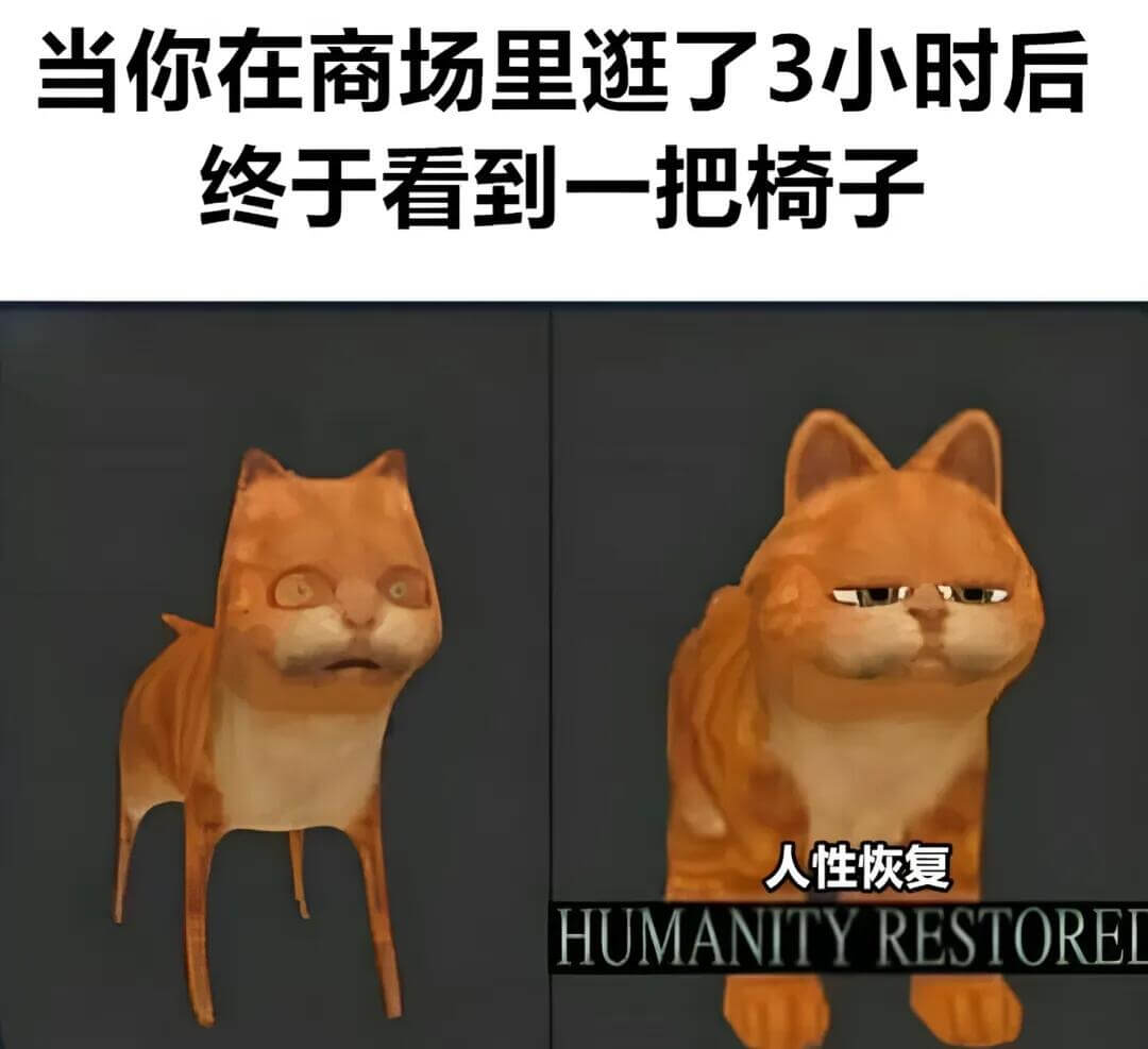 当你在商场里逛了3小时后，终于看到一把椅子，人性恢复。HUM