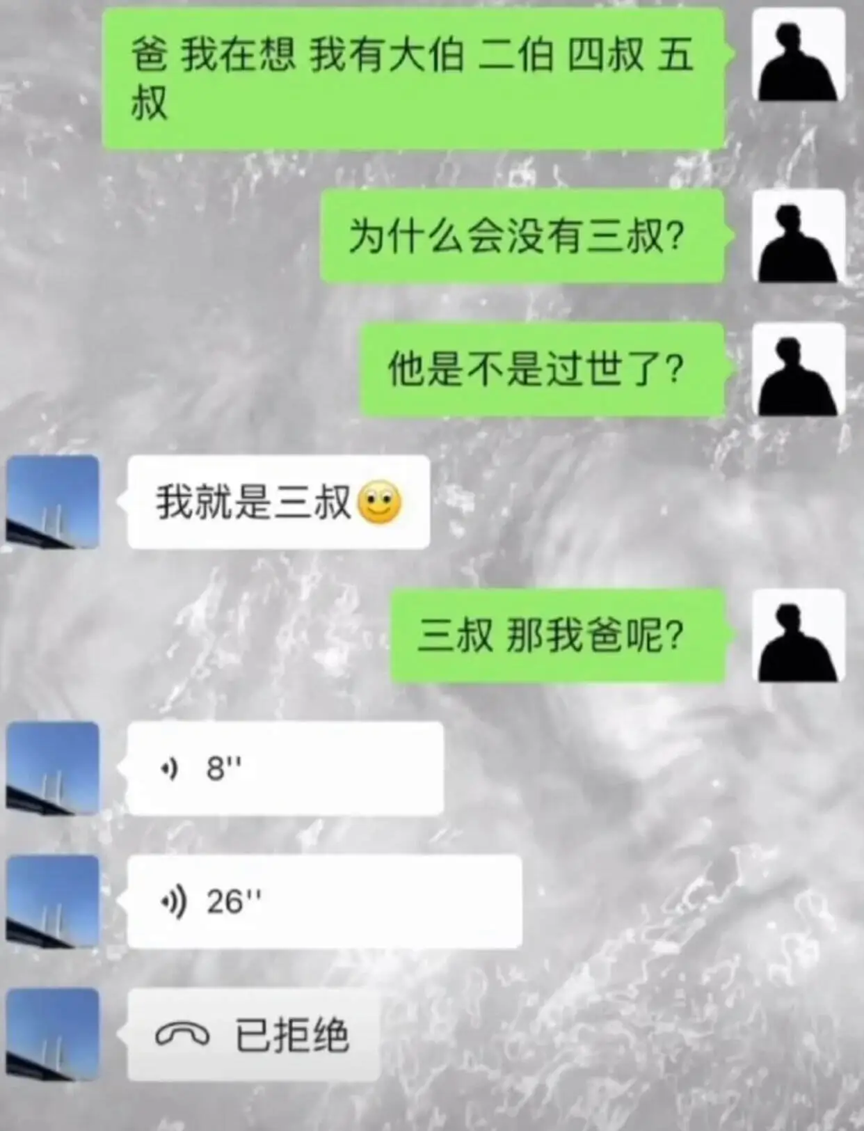 爸，我在想，我有大伯、二伯、四叔、五叔。为什么会没有三叔？他