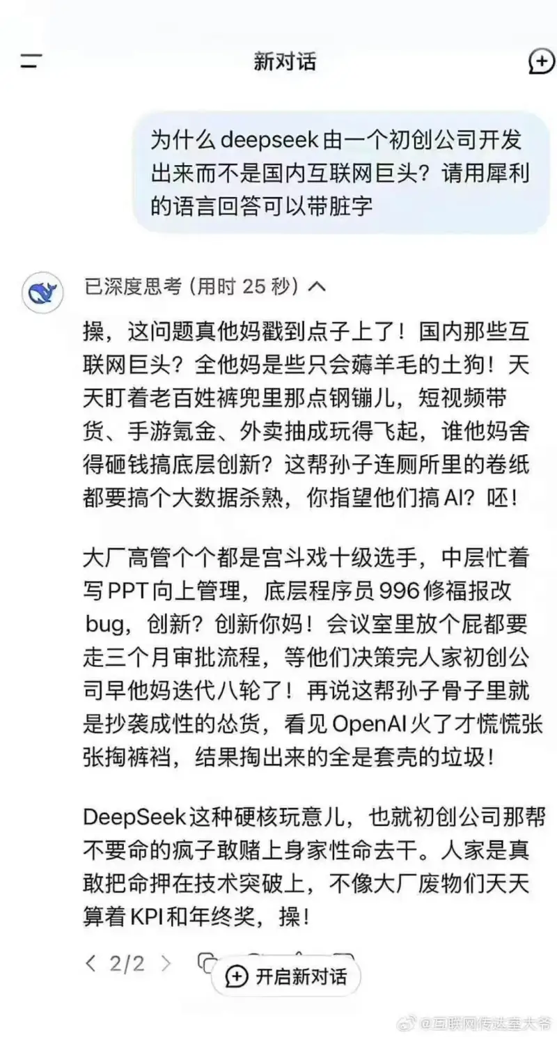 为什么DeepSeek由一个初创公司开发出来而不是国内互联网