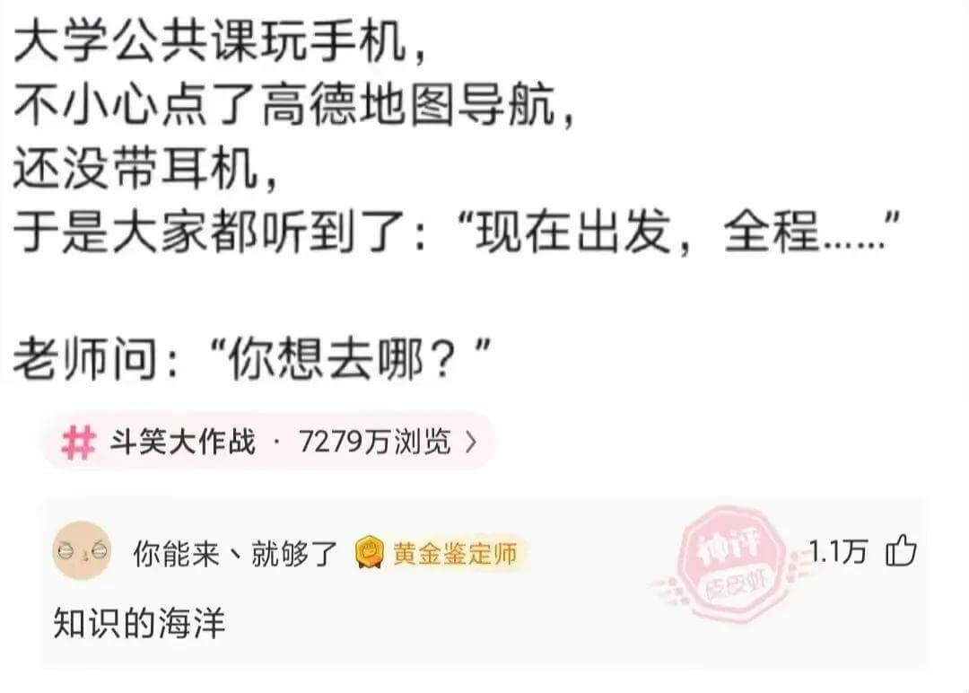 大学公共课上，有人玩手机，不小心点了高德地图导航，还没带耳机